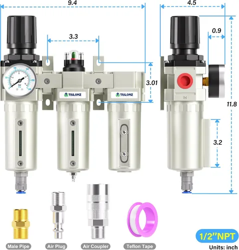 Miniatura 2 de TAILONZ PNEUMATIC 0-240PSI Sistema de secado de aire industrial de tres etapas grado NPT de 1/2 pulgada, filtro de partículas, filtro coalescente