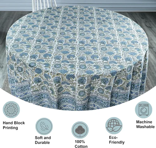 Miniatura 3 de Ridhi Mantel redondo de algodón reutilizable con estampado de bloque a mano, color verde espárragos, 60 pulgadas, mantel decorativo para uso diario