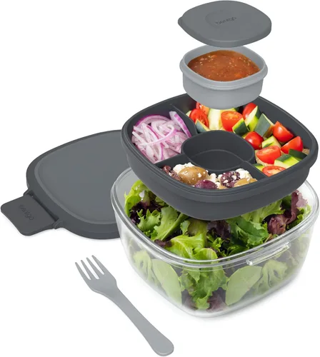 Miniatura 15 de Bentgo Recipiente de Ensalada de Vidrio Todo en Uno - Ensaladera Grande de 61 oz con Tapa, Bandeja Estilo Bento de 4 Compartimentos, Recipiente