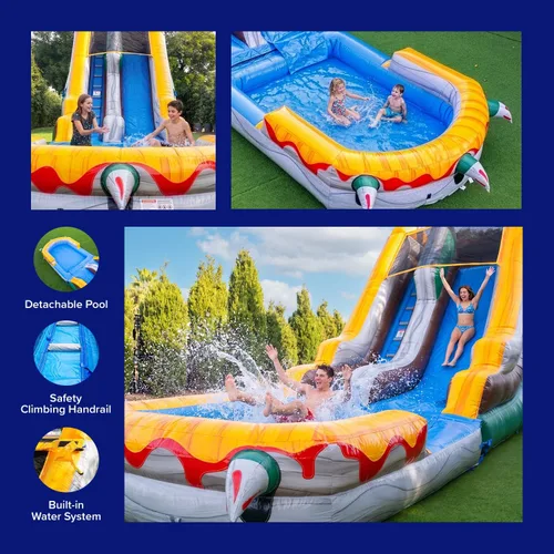 Miniatura 4 de HeroKiddo Tobogán acuático inflable T-Rex de 18 pies con piscina desmontable y soplador, 29 pies de largo, vinilo de PVC 100% comercial, tobogán