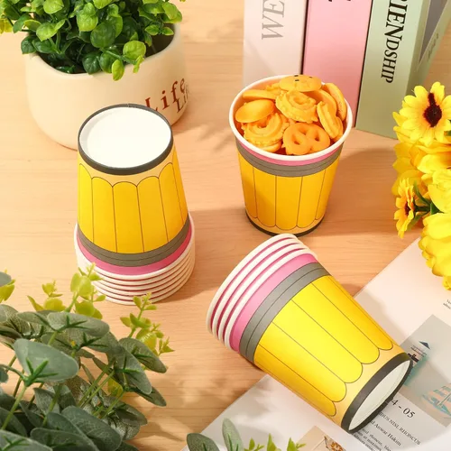 Miniatura 4 de Whaline 50 vasos de papel para el regreso a la escuela, 9 onzas, diseño de lápiz amarillo, tazas desechables para café, té, aperitivos, aula, primer