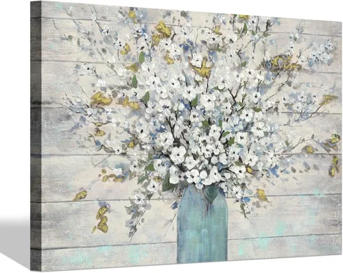 Miniatura 8 de Lienzo abstracto de flores para pared: imagen floral en tarro de masón, pintura con estampado de flores blancas para baño, dormitorio, decoración
