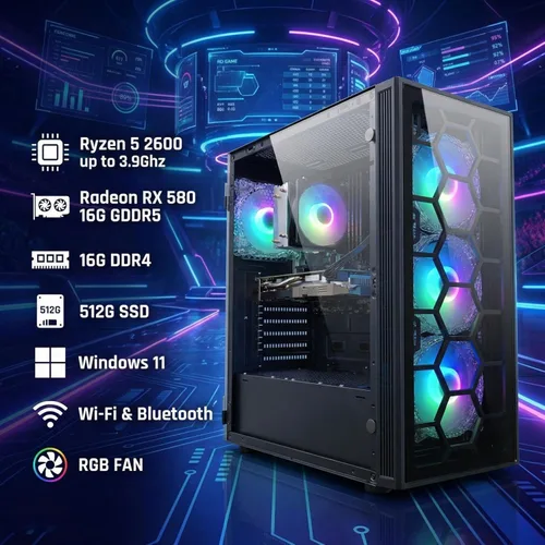 Miniatura 2 de STGAubron Computadora de escritorio para juegos, AMD Ryzen 5 2600 hasta 3.9G, Radeon RX 580 16G, 16G DDR4, 512G SSD, WiFi 6, BT 5.0, ventilador RGB