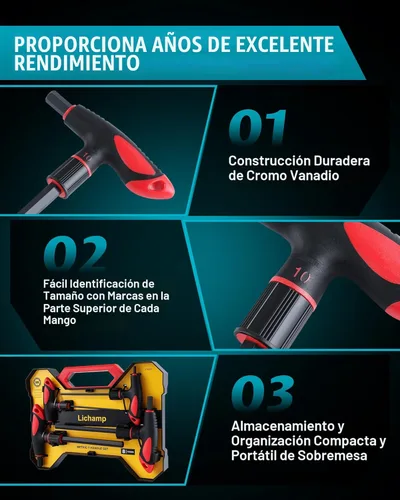 Miniatura 6 de Lichamp Juego de llaves Allen con mango en T, 8 piezas resistentes estándar largas con mango en T Allen, juego de llaves hexagonales de 0.394 a