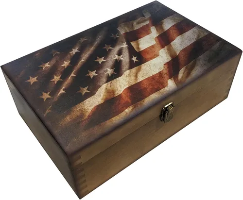 Caja de recuerdos de madera con bandera rústica, caja de memoria grande para recuerdos, caja de almacenamiento decorativa para recuerdos, joyas y