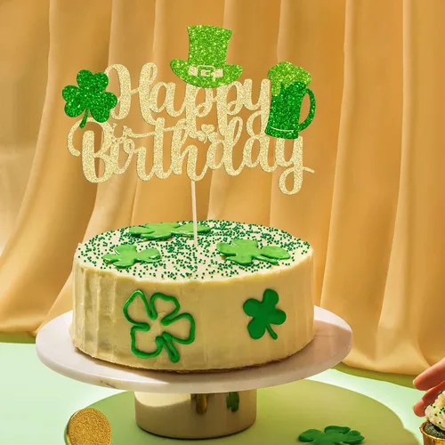 Miniatura 5 de Gyufise 1 decoración para pastel del día de San Patricio, trébol verde con purpurina de cuatro hojas, decoración de pastel de cumpleaños, decoración
