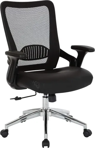 Office Star EMH Series - Silla de escritorio de oficina ajustable con soporte lumbar integrado y brazos abatibles acolchados, cuero regenerado negro