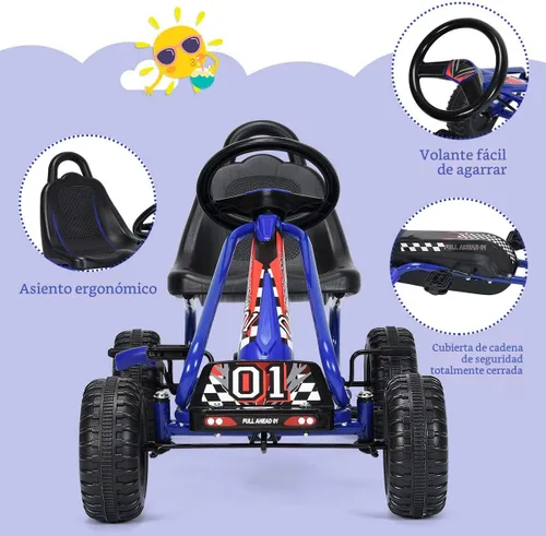 Miniatura 6 de Costzon Go Kart para niños, carrito de 4 ruedas alimentado por pedal con asiento ajustable, freno de mano y ruedas antideslizantes, auto de pedal