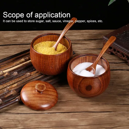 Miniatura 4 de Paquete de 2 tarros de condimentos japoneses, tarros de especias de madera maciza con tapa y cuchara, contenedor de madera de azufaifo, madera