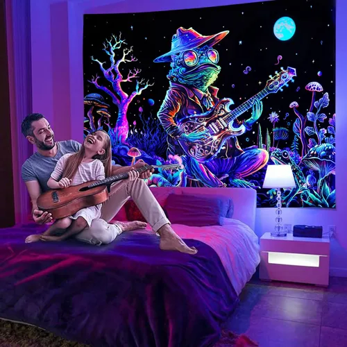 Miniatura 2 de Galoker - Tapiz de luz negra con rana, tapiz de hongos neón de fantasía, tapiz de plantas florales reactivas a los rayos UV, tapiz de pared