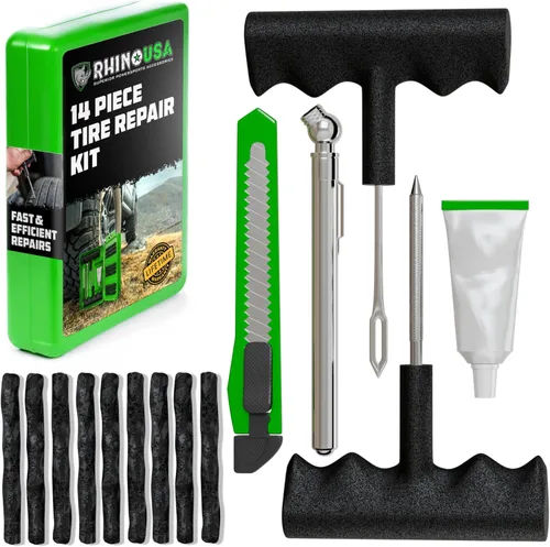 Kit de reparación de neumáticos compacto Rhino USA (14 piezas) – Juego de tapones resistentes con lubricante incluido para arreglar pinchazos y