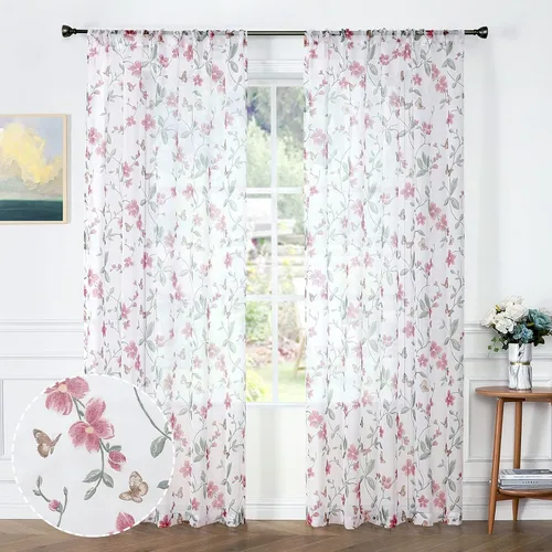 Miniatura 10 de Tollpiz - Cortinas cortas de gasa con estampado floral, con diseño de mariposas y flores azules, cortina de media ventana con bolsillo para barra