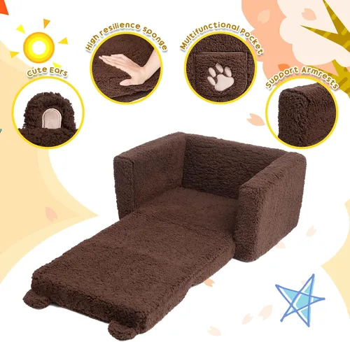 Miniatura 7 de ALIMORDEN Sofá plegable para niños pequeños, cómoda silla de oso sherpa 2 en 1 para niños, sofá convertible a tumbona, acogedor sofá esquinero