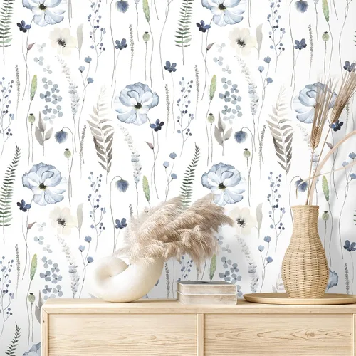 Miniatura 5 de VEELIKE Papel tapiz floral azul de acuarela para despegar y pegar, papel tapiz botánico de helecho bohemio para dormitorio, baño, guardería, 17.7 x