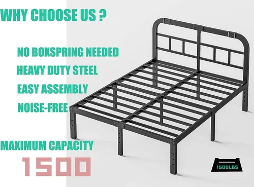 Miniatura 4 de ZIYOO Base de cama tamaño Queen con cabecero, 14 pulgadas de alto, listones de acero resistente de 1500 libras, soporte para colchón, no necesita