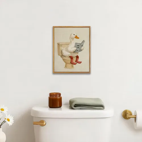 Miniatura 3 de AtterrirArt Divertido arte de pared enmarcado para baño, 8 x 10 pulgadas, lindo pato en el inodoro, lectura de periódico, decoración de pared