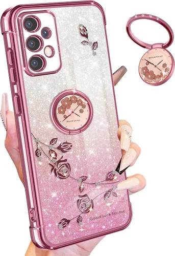 Miniatura 7 de Funda para Samsung Galaxy S22 Ultra con purpurina brillante para mujeres y niñas, cubierta de teléfono morada, diseño floral con anillo de flores