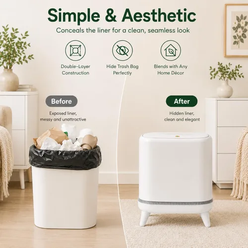 Miniatura 4 de JUDRDO Basurero de baño con tapa, bote de basura pequeño de adsorción al vacío de 3.2 galones, bote de basura con tapa superior a presión y patas