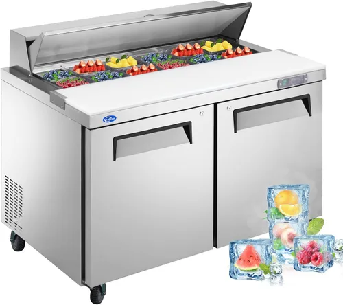 Refrigerador comercial de 60" de ancho con mesa para preparar sándwiches/ensalada, 2 puertas, enfriamiento por ventilador de acero inoxidable, con
