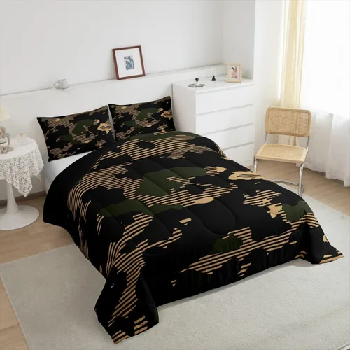 Miniatura 4 de Erosebridal Juego de ropa de cama de camuflaje marrón y negro, moderno juego de edredón abstracto de camuflaje militar, edredón acolchado con rayas