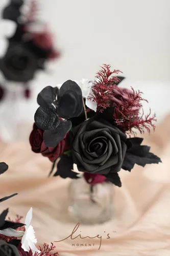 Miniatura 3 de Ling's moment Juego de 6 mini ramos de flores de boda color burdeos y negras para dama de honor, prefabricados, pequeños, florales, granate