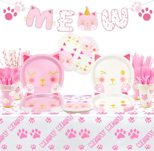 167 piezas de suministros para fiesta de cumpleaños de gatos – Cartel de gatito MEOW, platos de papel de gato, servilletas, vasos, manteles,