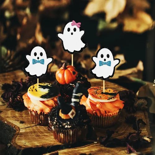 Miniatura 5 de 24 piezas de adornos de Halloween para cupcakes fantasmas, palillos de revelación de género para niños y niñas, adornos para tartas rosas y azules