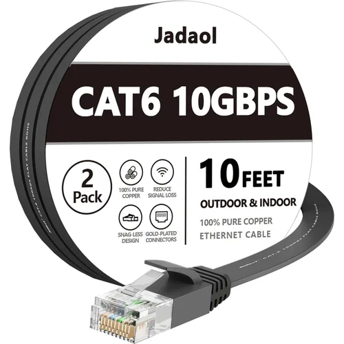 Miniatura 45 de Cable Ethernet Cat 6 de 1 pie (paquete de 6), para exteriores e interiores, compatible con red Cat7 de 10 Gbps, cable de conexión LAN plano