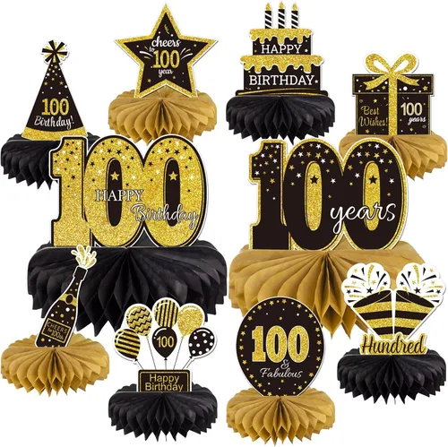 10 piezas de decoración de cumpleaños número 100 para decoración de mesa, color dorado y negro con nido de abeja de feliz cumpleaños número 100,