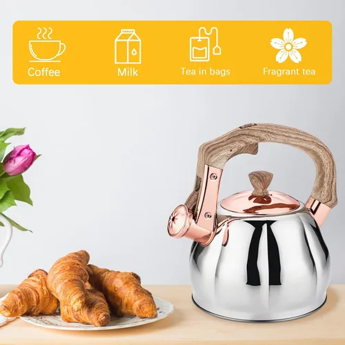 Miniatura 7 de Hervidor de té de acero inoxidable para estufa con mango ergonómico a prueba de calor y silbato de 2.5 cuartos