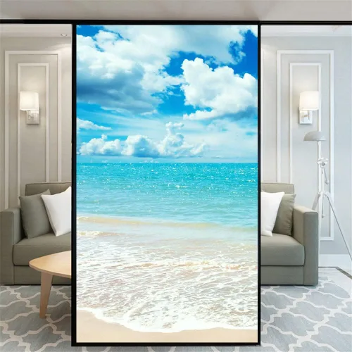 Miniatura 18 de Película decorativa de privacidad esmerilada sin pegamento para ventana, hermoso patrón de playa, puerta de vidrio, ventana, calcomanías