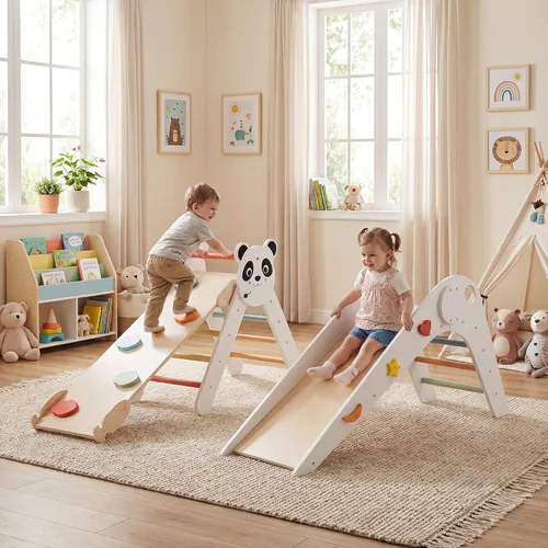 Miniatura 2 de GLACER Pikler - Juego de triángulos Montessori con temática de panda, juguetes de escalada para niños pequeños con escalera, túnel, tobogán, rampa