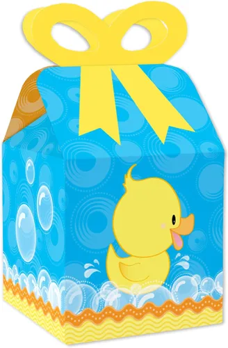 Big Dot of Happiness Ducky Duck – Cajas de regalo cuadradas – Cajas de lazo para baby shower o fiesta de cumpleaños – Juego de 12