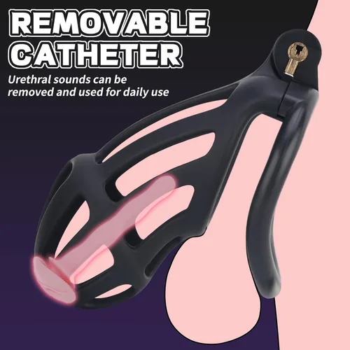 Miniatura 3 de Jaula de castidad masculina, dispositivo de castidad grande con anillos de 5 tamaños y bloqueo invisible para el pene, equipo de bondage