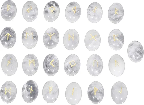 Rockcloud Juego de 25 piedras rúnicas pulidas grabadas con letras del alfabeto Futhark de saúco, meditación, adivinación, cristal de roca Blanco