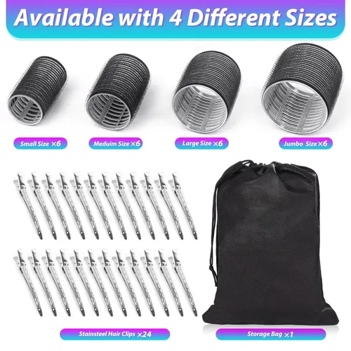 Miniatura 2 de Juego de rizadores de pelo con 24 rodillos (6 jumbo, 6 grandes, 6 medianos, 6 pequeños) y 24 clips para todas las longitudes de cabello (negro)