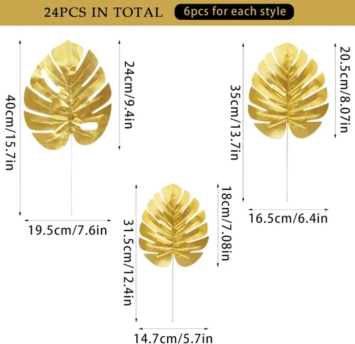 Miniatura 2 de CCINEE 24 piezas de hojas de palma artificiales doradas, 3 tamaños, hojas falsas de Monstera, simulación de hojas de safari con tallos