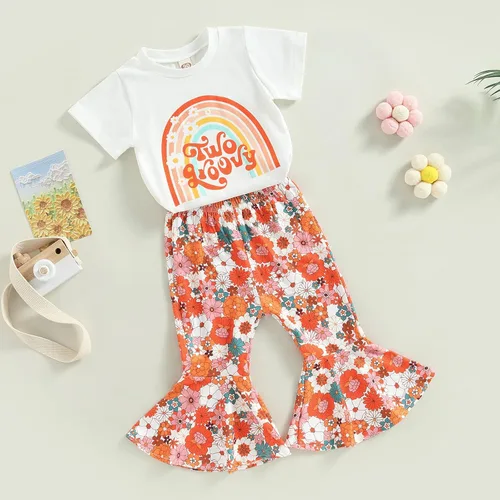 Miniatura 6 de YOKJZJD Conjunto de camiseta de manga corta con estampado floral arcoíris y pantalones acampanados para niñas pequeñas