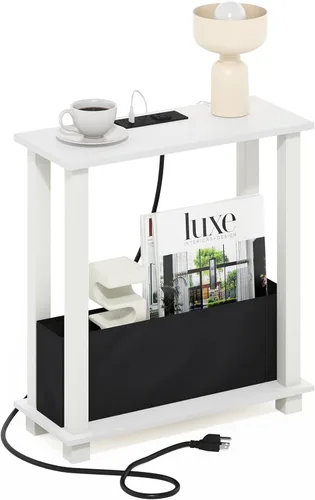 Miniatura 11 de Furinno Turn-N-Tube - Mesa auxiliar cuadrada de 2 niveles con estación de carga, mesita de noche, mesita de noche con puerto USB y tipo C, para sala