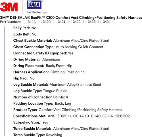 Miniatura 3 de 3M 1113421 DBI-SALA ExoFit X300 Comfort Vest Arnés de seguridad para escalada/posicionamiento, protección contra caídas en la industria general