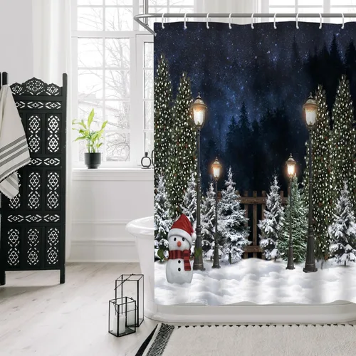 Cortina de ducha de árbol de bosque de Navidad, árbol de pino, nieve, cielo nocturno, país de las maravillas, cortina de tela impermeable para baño
