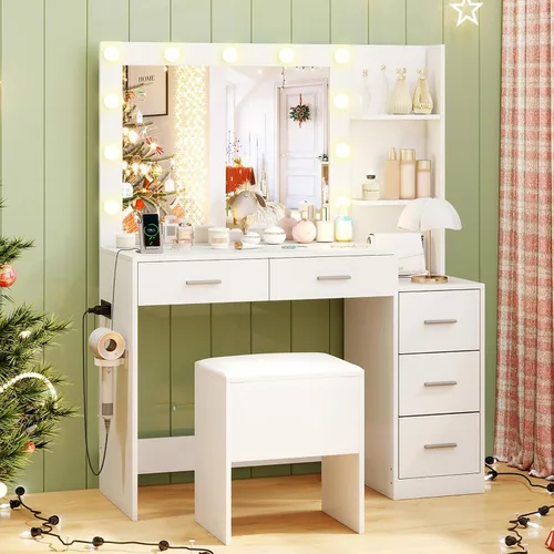 Miniatura 11 de CHARMAID - Escritorio pequeño de tocador con espejo y luces, mesa de tocador de maquillaje con estación de carga, cajones, estantes, mesa lateral