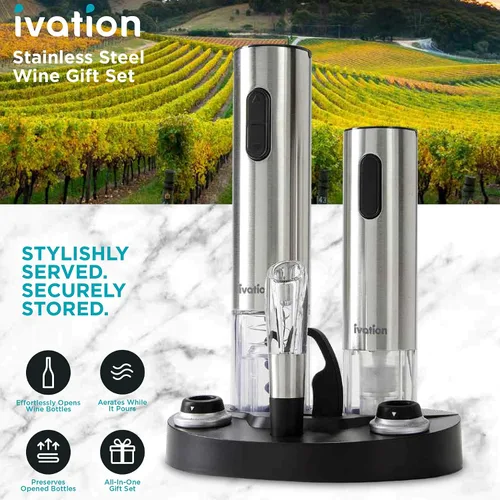 Miniatura 2 de Ivation Set de regalo de vino eléctrico - Incluye abridor de botellas, aireador, conservador al vacío, tapones, cortador de papel de aluminio y base