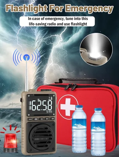 Miniatura 9 de Radio digital AM FM de banda meteorológica de 851 mAh, radio de bolsillo portátil recargable con la mejor recepción, linterna, pantalla LCD, clip