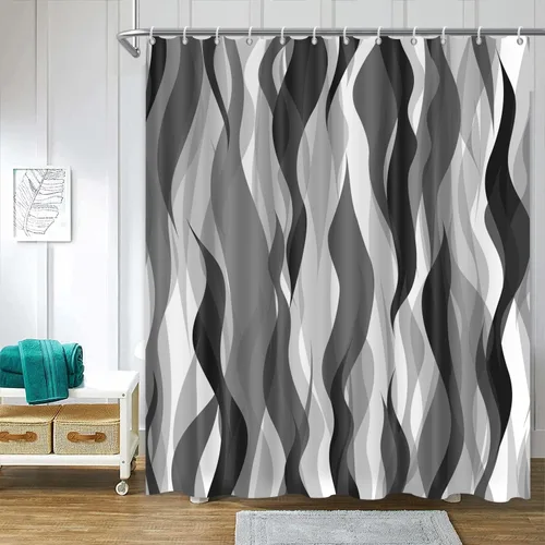 Miniatura 11 de Cortina de ducha moderna de rayas abstractas negras, blancas y grises, cortina de ducha para decoración de baño geométrica, impermeable, decorativa
