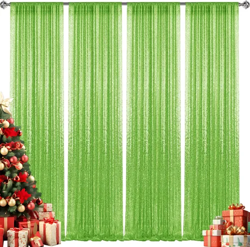 Miniatura 49 de 2 paneles de cortinas de fondo de lentejuelas verdes de 8 pies, cortinas de fondo de fotografía con purpurina para decoración de Navidad, boda