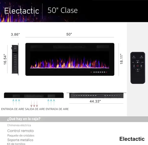 Miniatura 3 de Electactic - Chimenea eléctrica de 50 pulgadas ultradelgada - Chimenea insertada y montada en la pared con termostato, llama ajustable, control