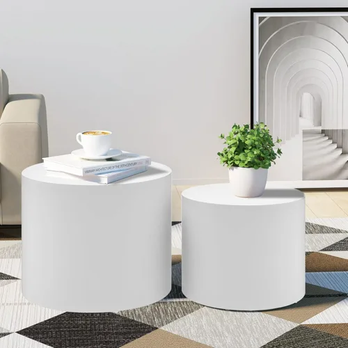 Miniatura 7 de KEVINSPACE Juego de 2 mesas auxiliares anidadas, modernas mesas de centro circulares para espacios pequeños, mesa auxiliar de madera blanca