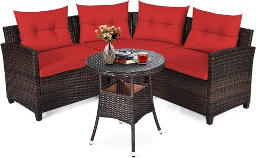 Miniatura 10 de Tangkula - Juego de muebles de patio de 4 piezas en forma de C de mimbre para exteriores, con cojines y mesa de centro con cubierta de cristal
