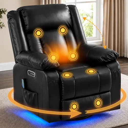 Silla reclinable giratoria eléctrica con motor doble, sillón reclinable eléctrico con masaje por vibración y calor, luz LED, silla reclinable